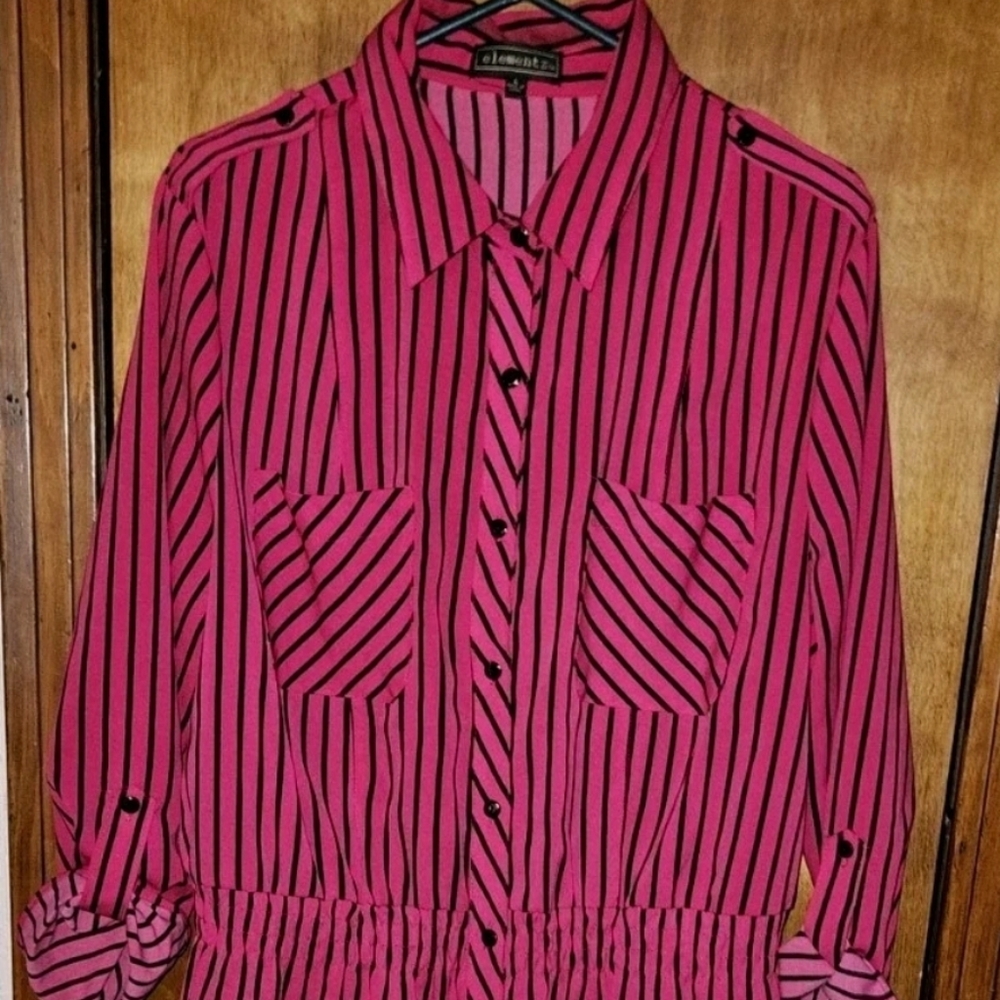 Elementz Button Down Blouse Pink And Black Striped Women's/Ladies Size L
